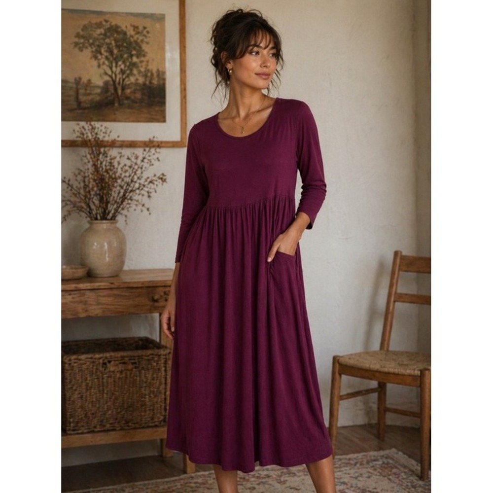 Terra‎ & Sky Purple Jersey Midi Dress Round Neck Long Sleeve 0X (14W)